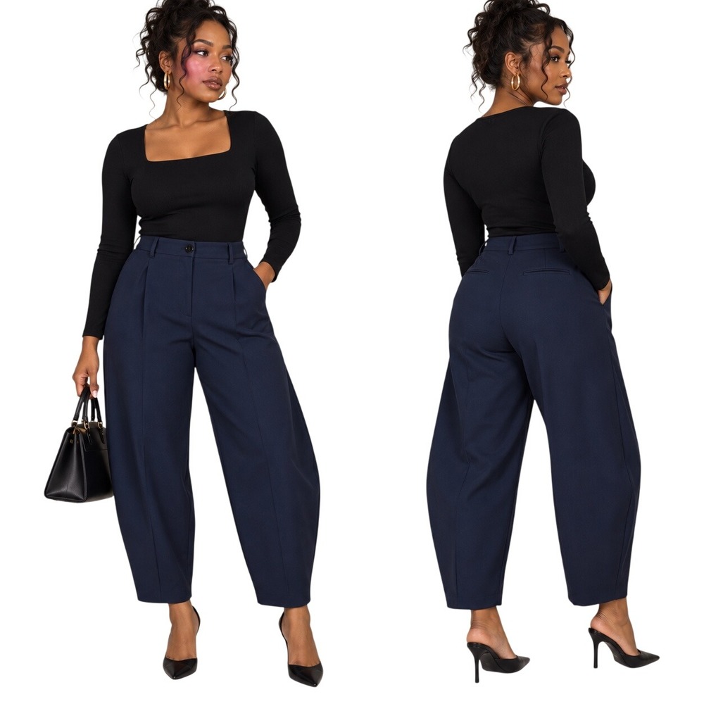 Zara Navy Blue High Waisted Pleated Barrel Leg Trousers S Office Siren Twee